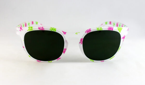 Gafa transparente mate y dibujo en color verde/rosa, lente verde polarizada de gran calidad, diseñada en Valencia y fabricada en Italia.