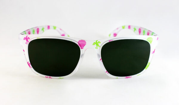Gafa transparente mate y dibujo en color verde/rosa, lente verde polarizada de gran calidad, diseñada en Valencia y fabricada en Italia.